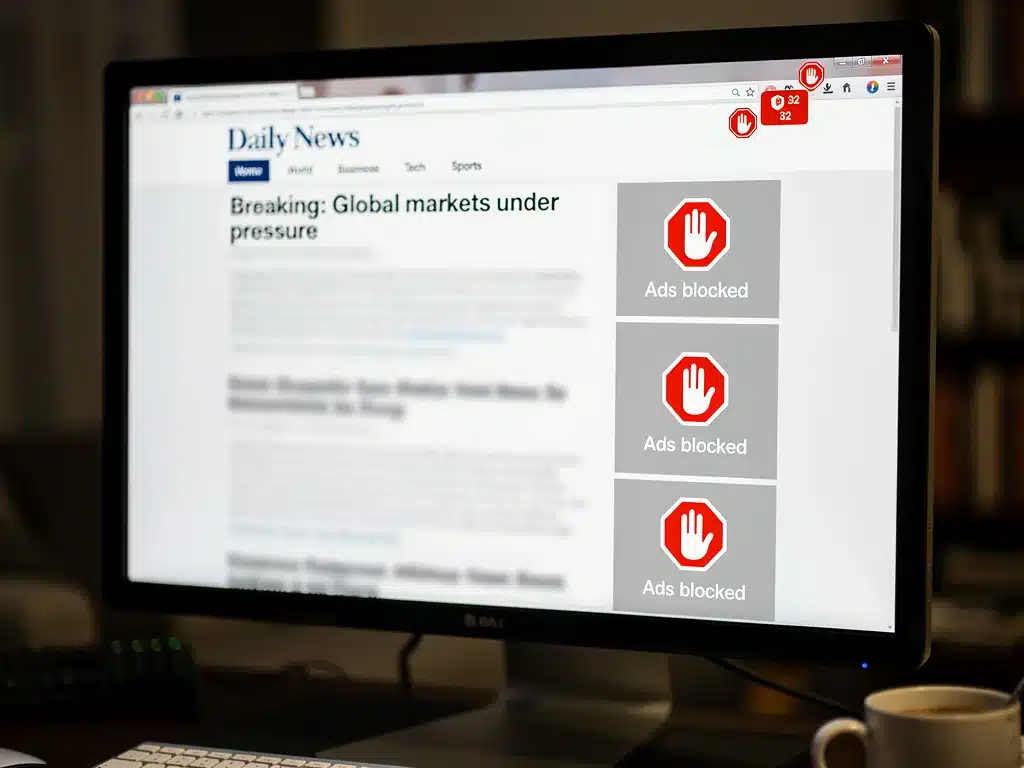 Computer screen showing news site with active ad-blocker, symbolising revenue loss.