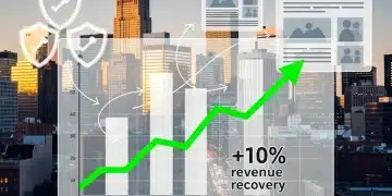 Graph showing 10% revenue recovery for US online journalism amidst ad-blocker challenges, with city skyline.