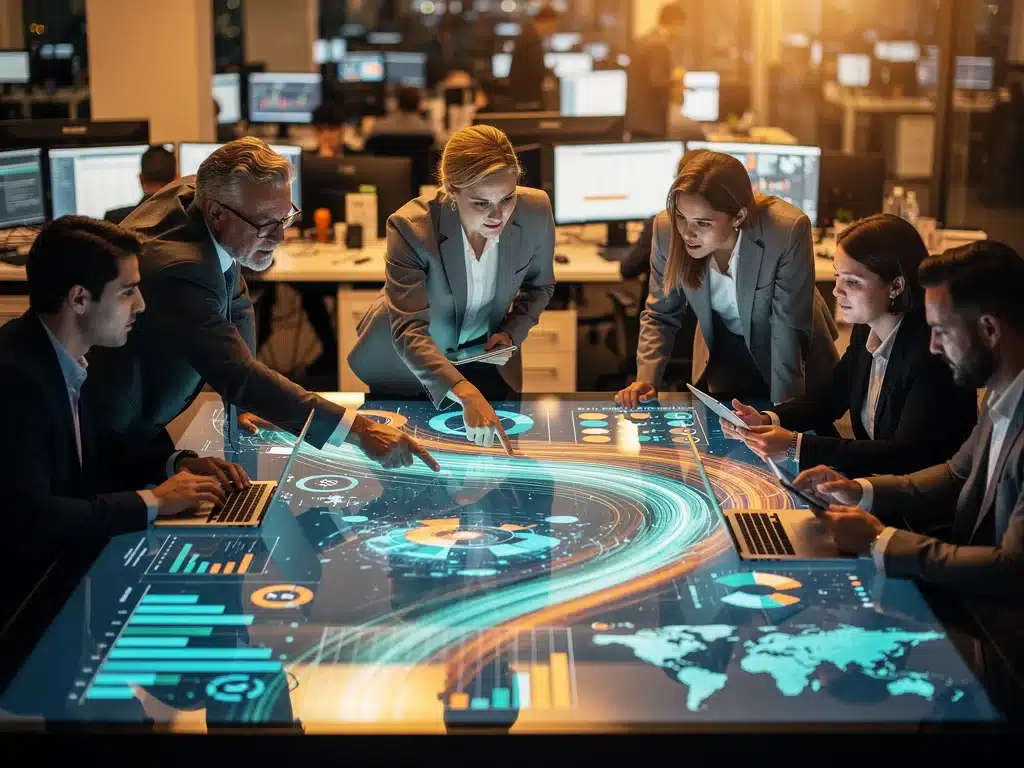 Journalism team collaborating around a large interactive table, discussing findings from a dynamic data infographic.