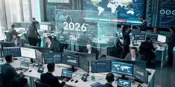 Journalists in a modern newsroom utilising advanced data analytics tools on large screens, illustrating future data journalism trends.