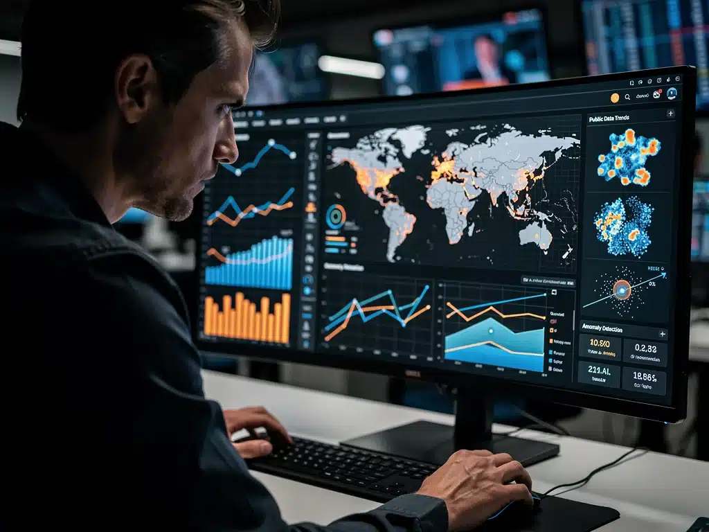 Journalist analysing complex data visualisations on an interactive dashboard, demonstrating advanced analytics in news discovery.