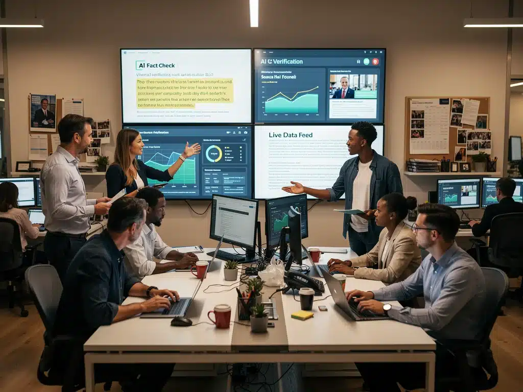 Journalists collaborating with AI verification tools in newsroom