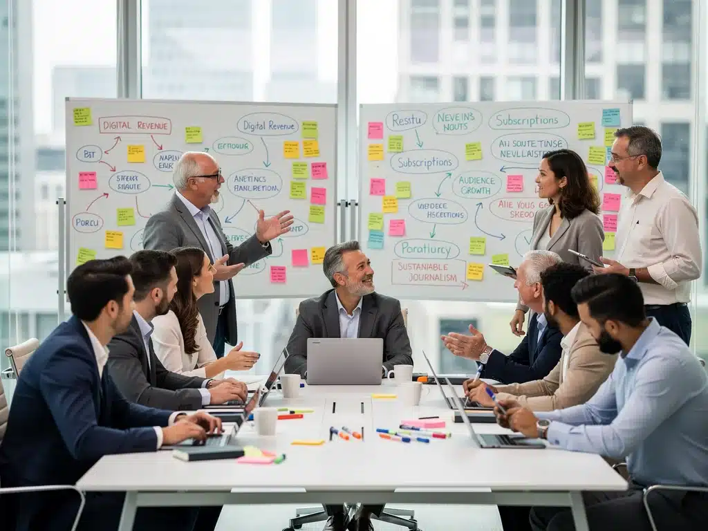 Media executives brainstorming digital revenue solutions for online journalism.