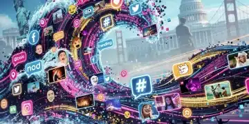 Dynamic collage showing viral memes evolving into a movement, affecting real-world scenarios in the US.