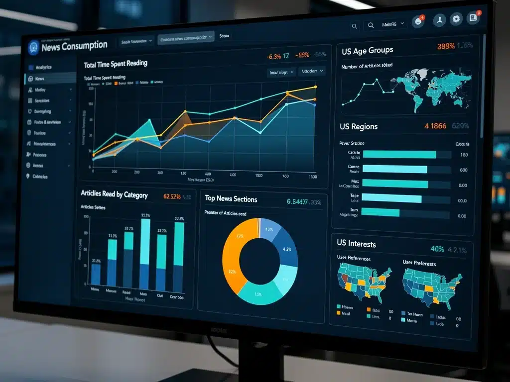 Digital dashboard showing real-time news consumption analytics and US user preferences.