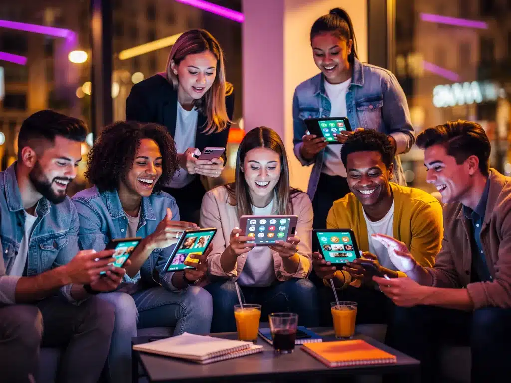 Diverse young adults engaging with social media on mobile devices.