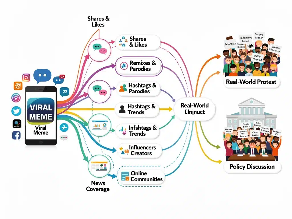 Flowchart illustrating the journey of a viral meme from online origin to real-world impact and engagement.