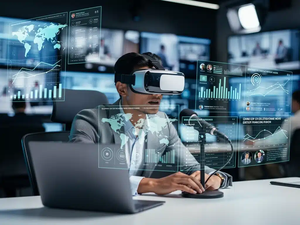 Journalist experiencing VR news report, showcasing immersive storytelling.