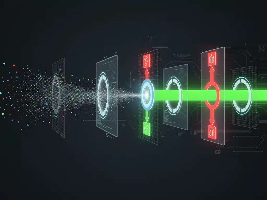 Abstract visualisation of AI bias mitigation process with data filtering