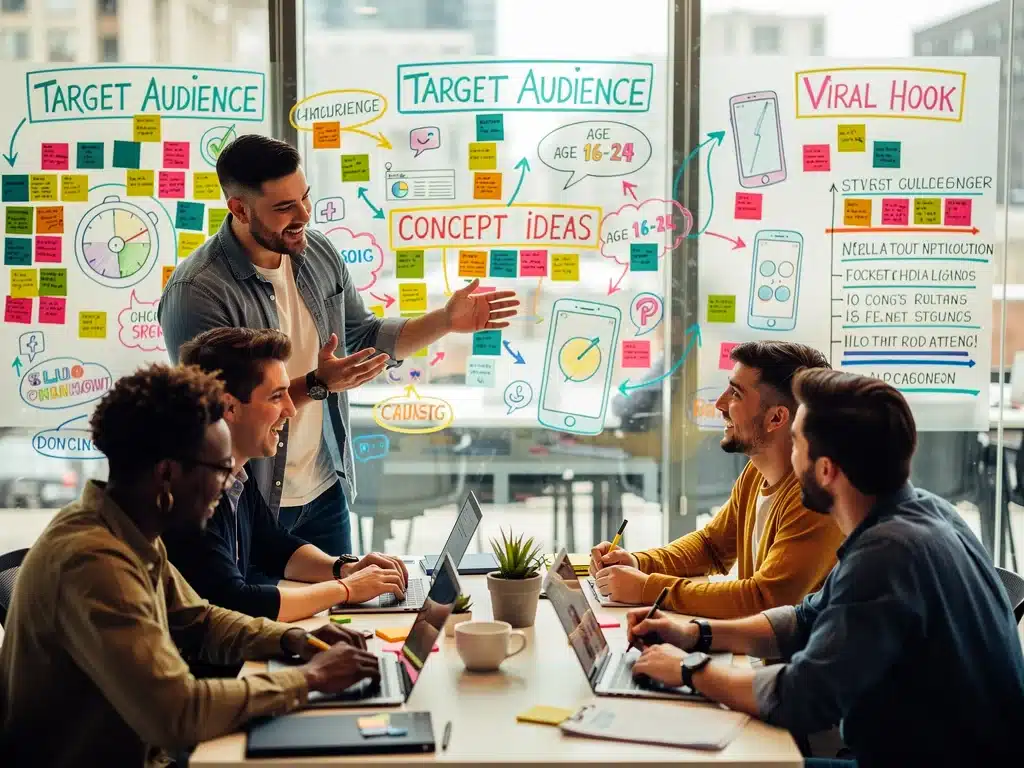 Young content creators brainstorming new viral challenge ideas with whiteboards and demographic data, symbolising strategic planning.