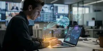 Journalist using a laptop with ethical AI reporting tools, depicting bias detection and mitigation