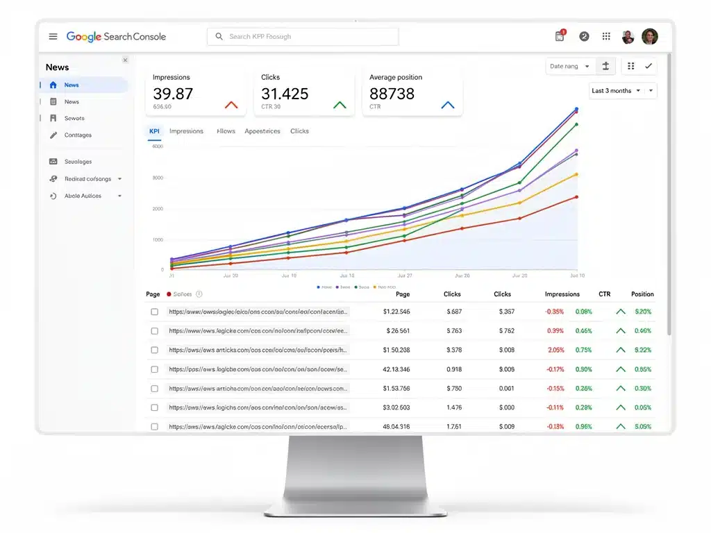 Google Search Console dashboard displaying improved news article performance and search ranking.