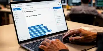 Journalist optimising news content for search engines on a laptop, with analytics data visible.