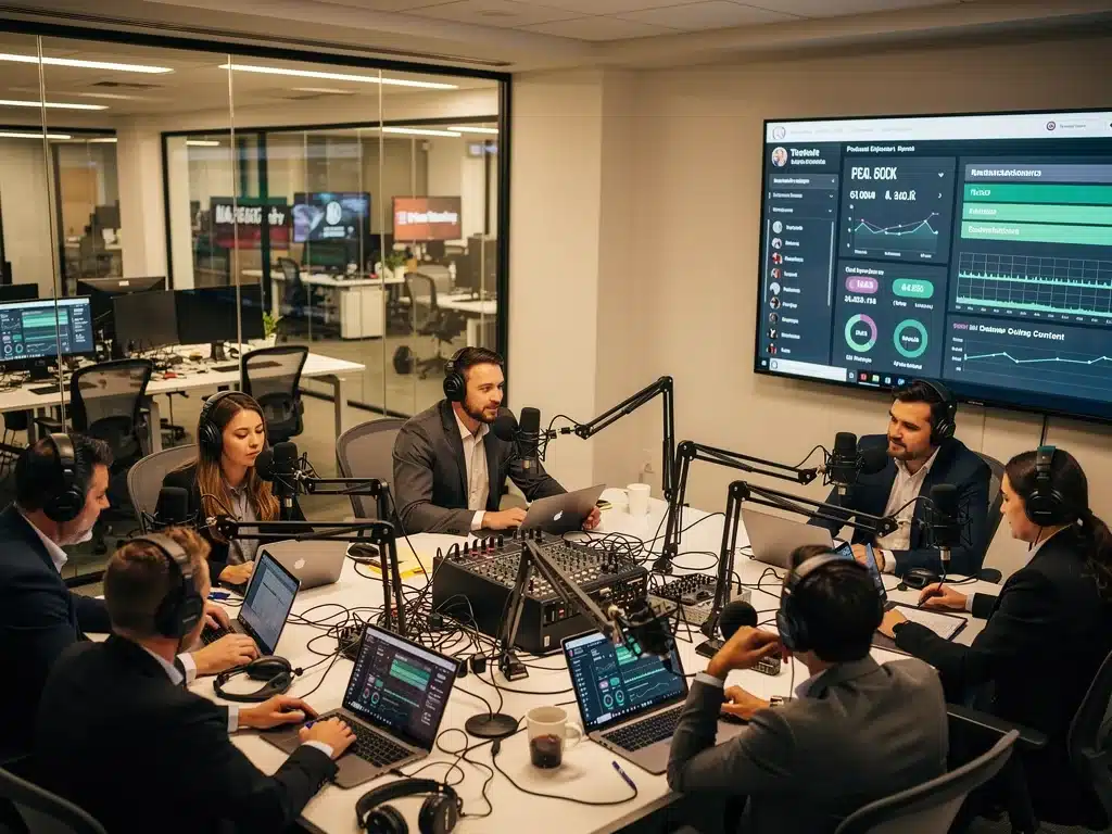 Newsroom team collaborating on podcast production and content management.