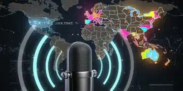Podcast microphone with global reach, symbolising news dissemination and audience engagement.