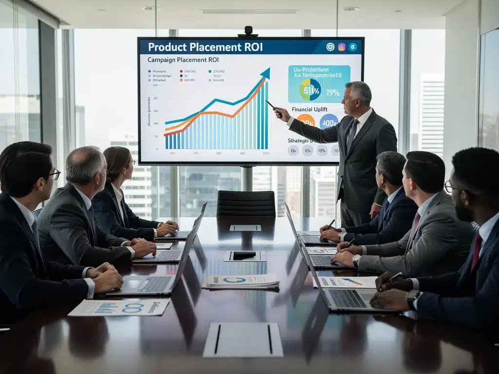 Business executives analysing return on investment from viral product placement campaigns.