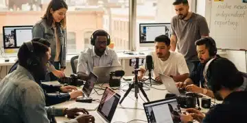 Independent US journalists collaborating in a modern co-working space, focusing on niche reporting