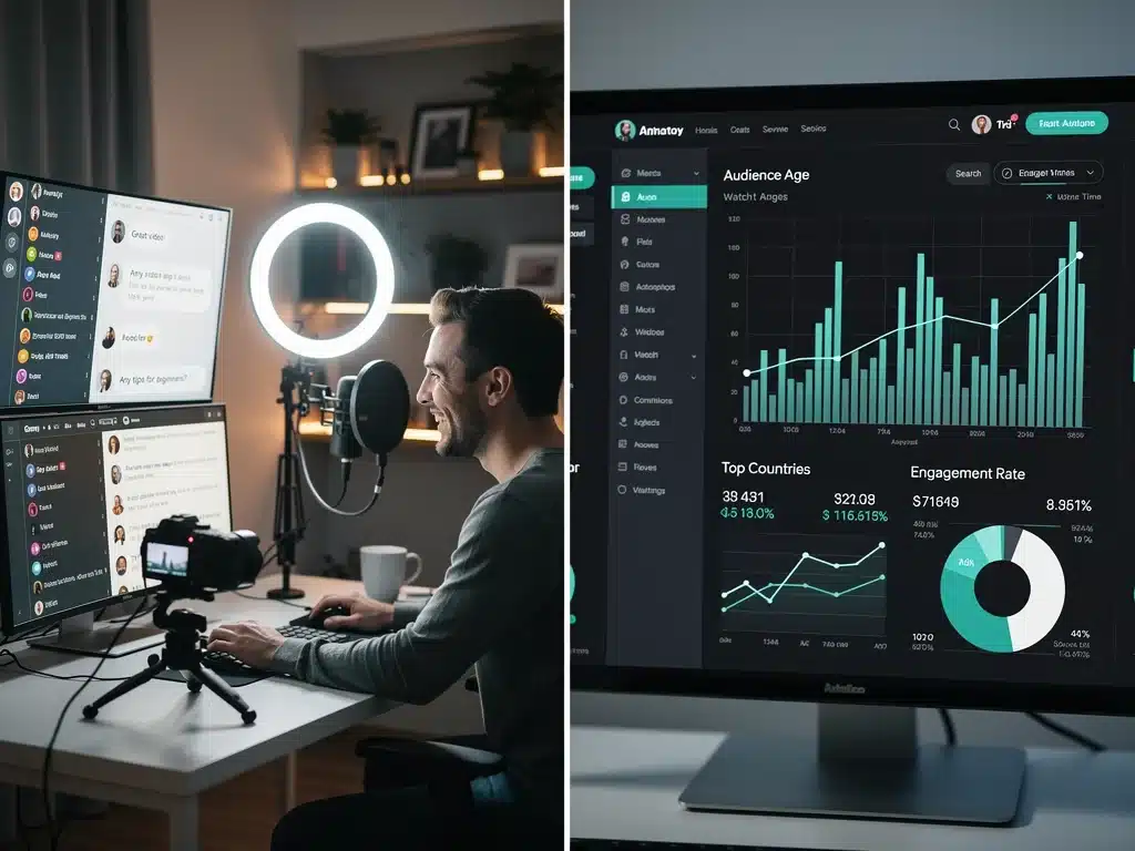 Content creator engaging with audience feedback and analysing demographic data for improved viral content.