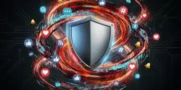 Shield protecting a brand logo from a digital storm, symbolising viral backlash mitigation strategies for US brands.