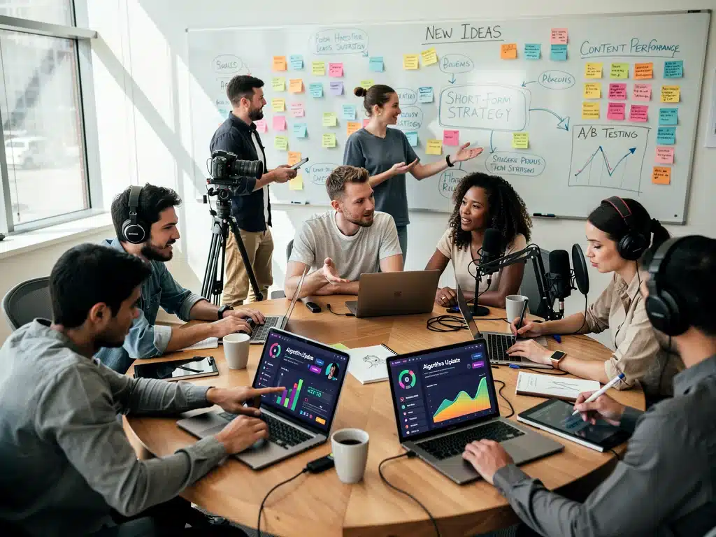 Content creators collaborating on new strategies to adapt to algorithm shift updates and improve viral reach.