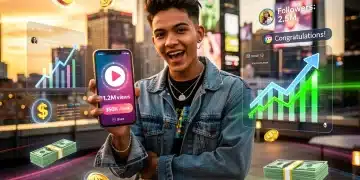 US influencer celebrating a 15% revenue boost from viral fame, surrounded by financial growth graphics.