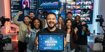 US content creators celebrating 1 million views with a digital tablet in a studio setting, showcasing viral success.