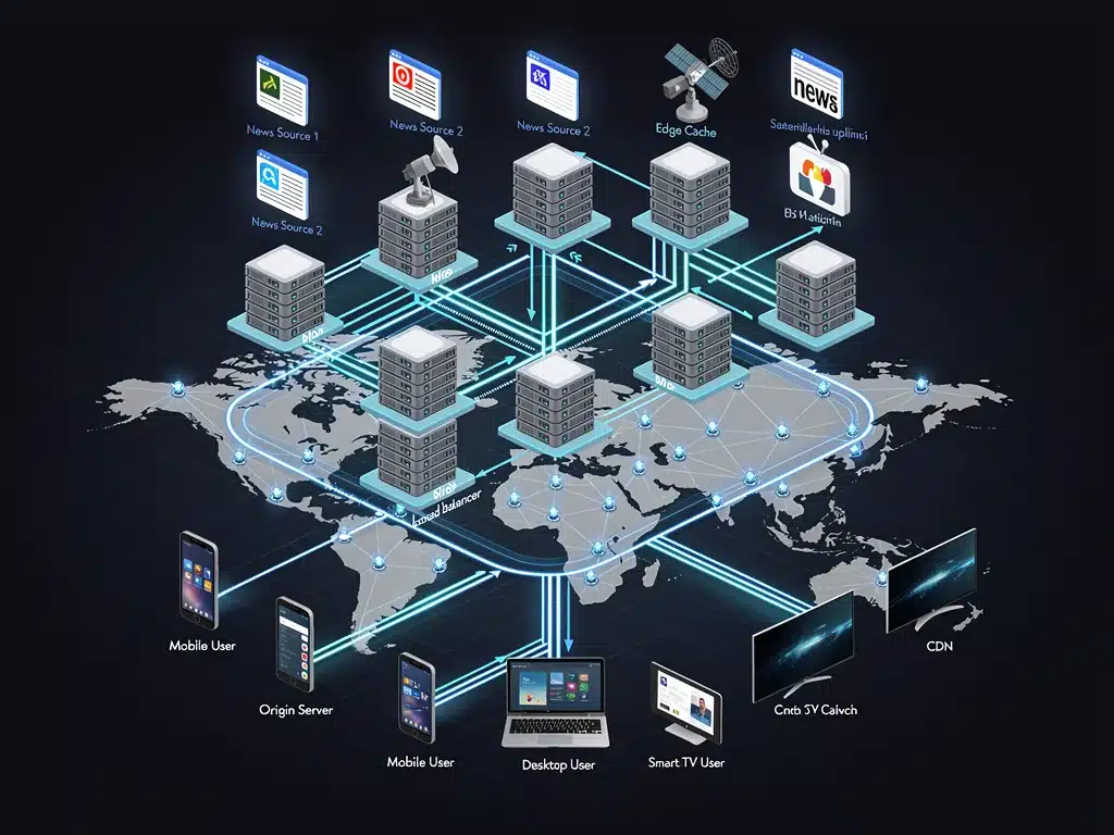 Network diagram showing optimised data flow for low-latency live news delivery.
