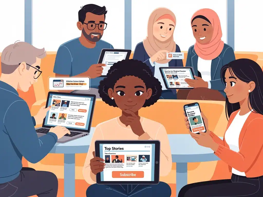 Diverse readers interacting with digital news, contemplating subscription decisions.