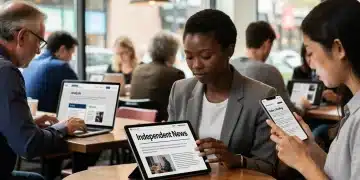 People engaged with independent journalism newsletters on digital devices in a cafe.