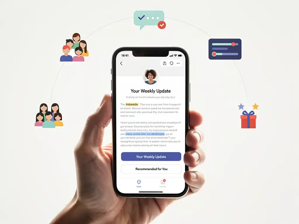 Smartphone displaying a personalised newsletter with retention strategy icons.