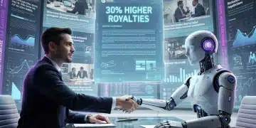 Publisher negotiating content licensing with AI aggregator for higher royalties in 2026.